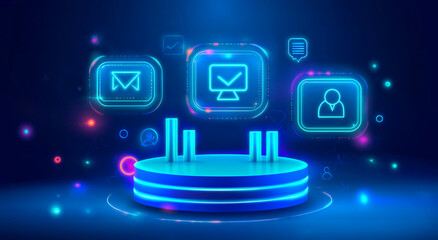 Digital platform with glowing icons representing communication and technology for modern business solutions