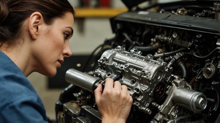 Car repair process female mechanic working on engine automotive workshop technical skills indoor close-up perspective - Powered by Adobe