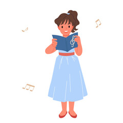 Fototapeta premium Girl singing song. Cute little kid holding open notebook to sing musical melody from notes, practice vocal music lesson, happy small female singer in dress standing cartoon vector illustration