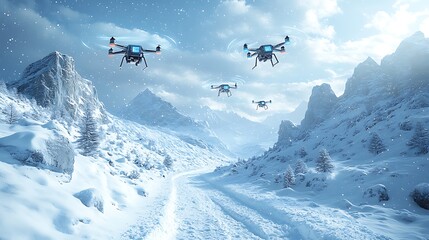 Three drones fly over a snowy mountain pass.
