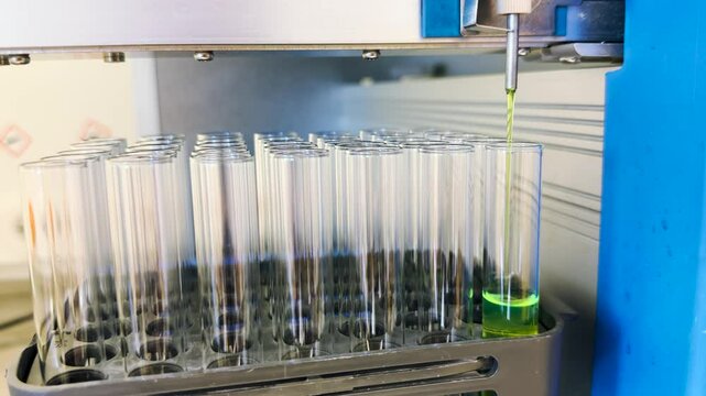 Green fluorescent chemical compound is separated in liquid chromatography. Test tube fraction collection technique of column chromatography. Education and industrial concept.