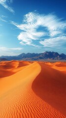 Naklejka premium Breathtaking Desert Landscape Under a Majestic Sky. Golden Hour Hues Paint the Sand Dunes and Mountains, Capturing the Essence of the Desert's Grandeur.