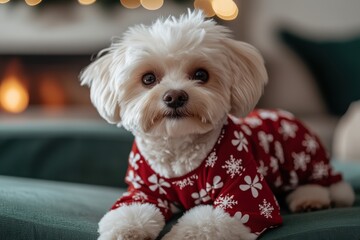 Adorable small dog in festive outfit relaxing on couch in cozy living room decorated for winter holidays