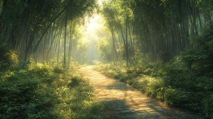 Obraz premium Serene Bamboo Forest Pathway, Sunlight Dappled Path Through Lush Green Bamboo Grove