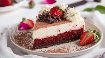 Photo of, A decadent slice of red velvet cheesecake topped with cream cheese frosting and chocolate curls, Red velvet cheesecake plated elegantly with a dusting of cocoa powder