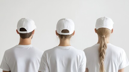 Three individuals in white shirts and caps facing away from the camera.