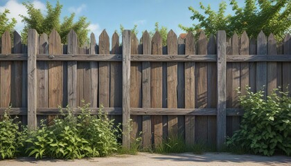 Fototapeta premium Weathered wooden fence with overgrown vegetation, weathered wood, outdoors, wild plants