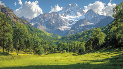 Awe-inspiring Mountain Range and Lush Valley Landscape: A Breathtaking View of Nature's Grandeur