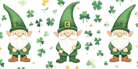 Fototapeta premium Three cheerful gnomes in green hats with clovers on a bright background, celebrating a festive occasion