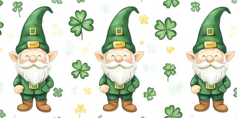 Cheerful leprechauns and clovers create a festive atmosphere for St. Patrick's Day celebrations in a vibrant, playful design with a fun background