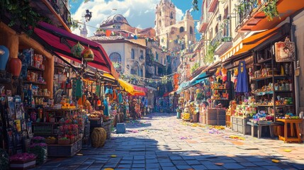 Fototapeta premium Vibrant marketplace street scene, sunny day, colorful shops and goods.