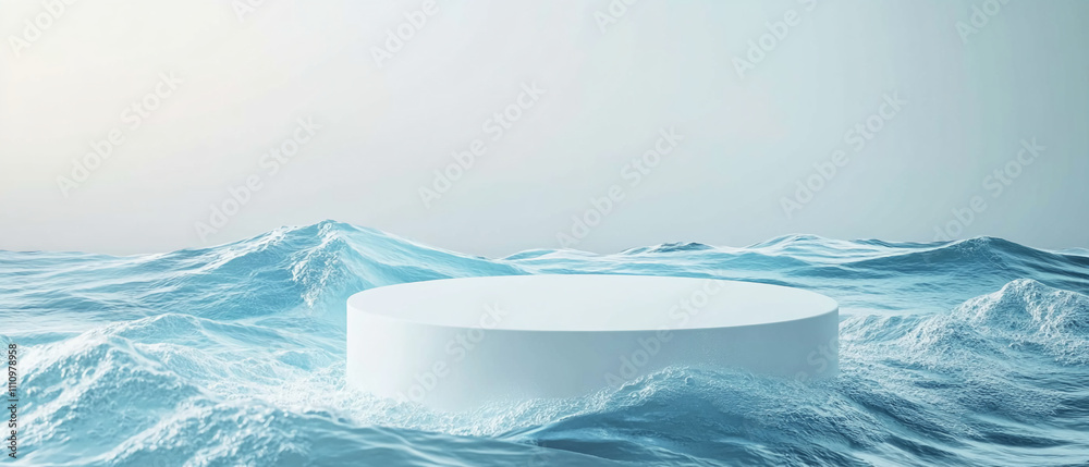 Poster circular platform floats amidst calm ocean waves under soft natural light at dawn