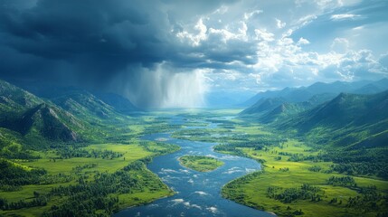 Awe-inspiring Mountain Valley Scenery with a Majestic River and Dramatic Rain Clouds