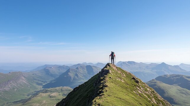 Majestic Mountain Hiker Standing on Summit Against Clear Blue Sky Overlooking Stunning Scenic Landscape with Rolling Hills and Peaks in the Distance