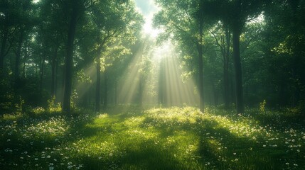 Obraz premium Sunlit Forest Path: A Serene Meadow Bathing in Morning Light