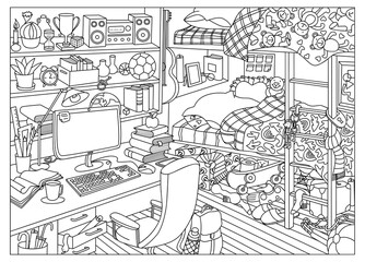 Coloring page. Teenager room interior with furniture and home objects. Cozy children room. Linear sketch vector illustration.