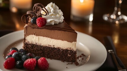 Photo of, A decadent slice of triple chocolate mousse cake garnished with chocolate curls and raspberry coulis, Cake slice centered