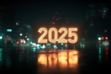 Cinematic Night Cityscape with Glowing Text for New Year Celebration