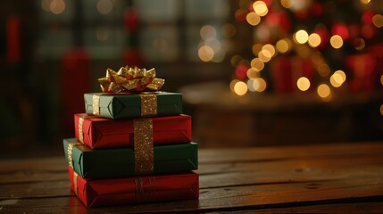 A stack of red and green gift boxes tied with golden ribbons, placed on a wooden table with a festive holiday backdrop