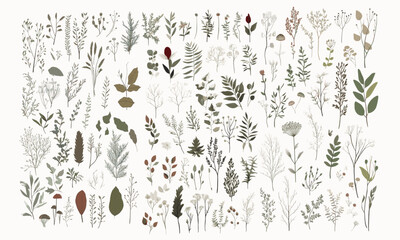 Winter botany nature vector kit, leaves, branches, pine cones, fir branches, pine branches, dry branches, autumn leaves