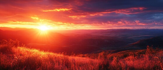 Obraz premium The sun rises over a mountain range, casting a warm glow on red and orange clouds in the sky.