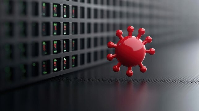 Digital representation of a virus in a modern data center illustrating the intersection of health and technology in combating global pandemics through data analysis and innovation.