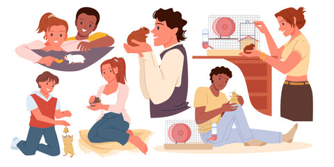 People play with funny cute hamster with love and care set. Boy and girl giving food to animal with big cheeks, woman and man holding adopted pet at cage with wheel cartoon vector illustration