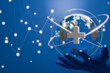 A hand holding a globe with a medical cross, symbolizing global health and care. 3d rendering