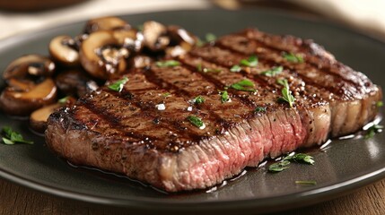 A juicy grilled steak served with sautéed mushrooms on a dark plate.