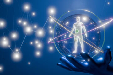 A digital representation of a human form within a glowing sphere, concept of medical technology. 3d rendering