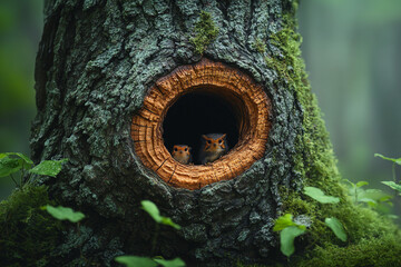 Two Small Birds Nestled In Tree Hollow