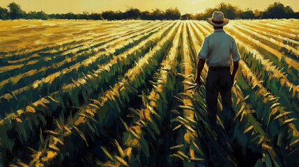 Fototapeta premium A farmworker tending to a field of wheat, with the sun casting long shadows over the crop, depicting the hard work involved in agriculture