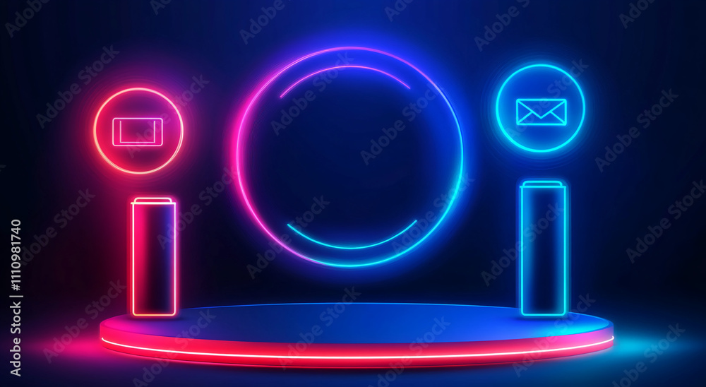 Poster neon light display showcasing circular focal point with geometric shapes in vibrant colors at night