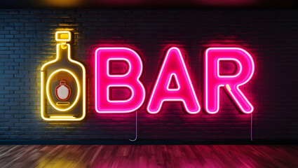 Obraz premium A brick wall with a bright neon sign that says 