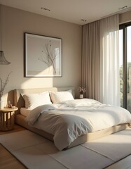 Modern minimalist bedroom interior design with sunlight illuminating comfortable bed
