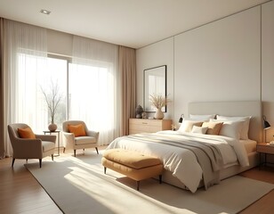 Modern bedroom design with large windows allowing sunlight
