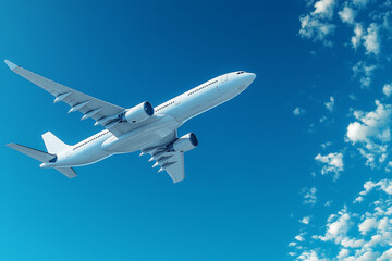 Modern White Passenger Airplane Soaring Through a Vibrant Blue Sky
