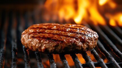 Grilled hamburger patty sizzling on a barbecue grill.