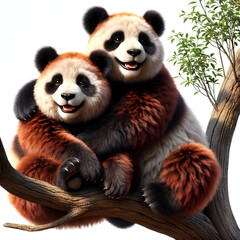Obraz premium Two brown color panda bear holding each other on the natural wood plant surface 