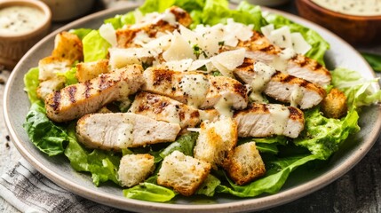 Photo of, A delightful plate of chicken Caesar salad topped with grilled chicken strips, croutons