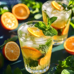 Fototapeta premium Refreshing Citrus Mojito with Fresh Mint Leaves and Slices of Orange on a Bright Sunny Day Perfect for Summer Gatherings and Drinks by the Pool