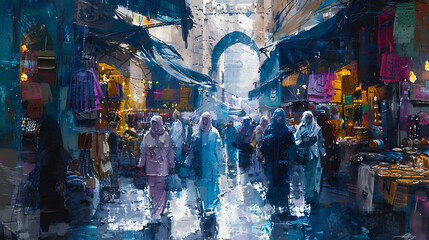 Vibrant Street Market Scene in Morocco Showcasing Colorful Stalls and Lively Atmosphere with Various Local Products and People Engaging in Dynamic Shopping Experience