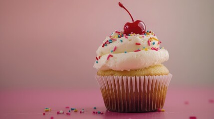 Delicious vanilla cupcake topped with fluffy cream frosting, colorful sprinkles, and a bright red cherry on a pink background for enticing dessert imagery