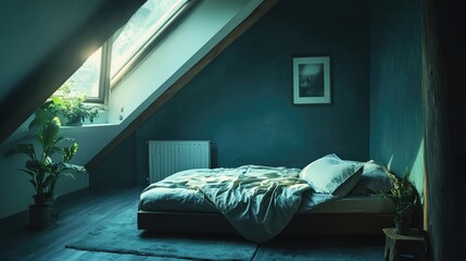 Serene Bedroom with Natural Light and Greenery: A Cozy Retreat Under an A-frame Roof, Inviting Relaxation and Peaceful Atmosphere for Restful Sleep