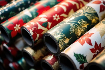 Beautifully rolled wrapping paper featuring festive designs and vibrant colors ready for holiday celebrations and gift-giving in a shop display during the Christmas season