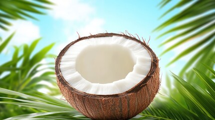 A halved coconut surrounded by tropical foliage and blue sky.