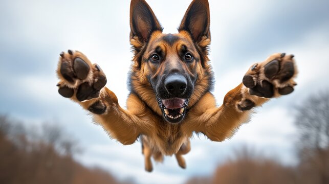 Joyful dog leaps through the air with excitement in a natural outdoor setting during a cloudy day, showcasing energy and playfulness