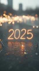 Glowing 2025 Numerals Surrounded by Festive Fireworks in the Sky
