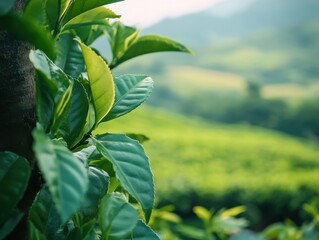 Lush green tea leaves thrive in a picturesque landscape during golden hour in a serene plantation setting