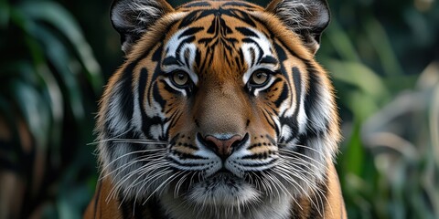 Fototapeta premium Striking close-up of a tiger in a lush habitat during daylight, showcasing its vibrant fur patterns and piercing gaze in a natural setting